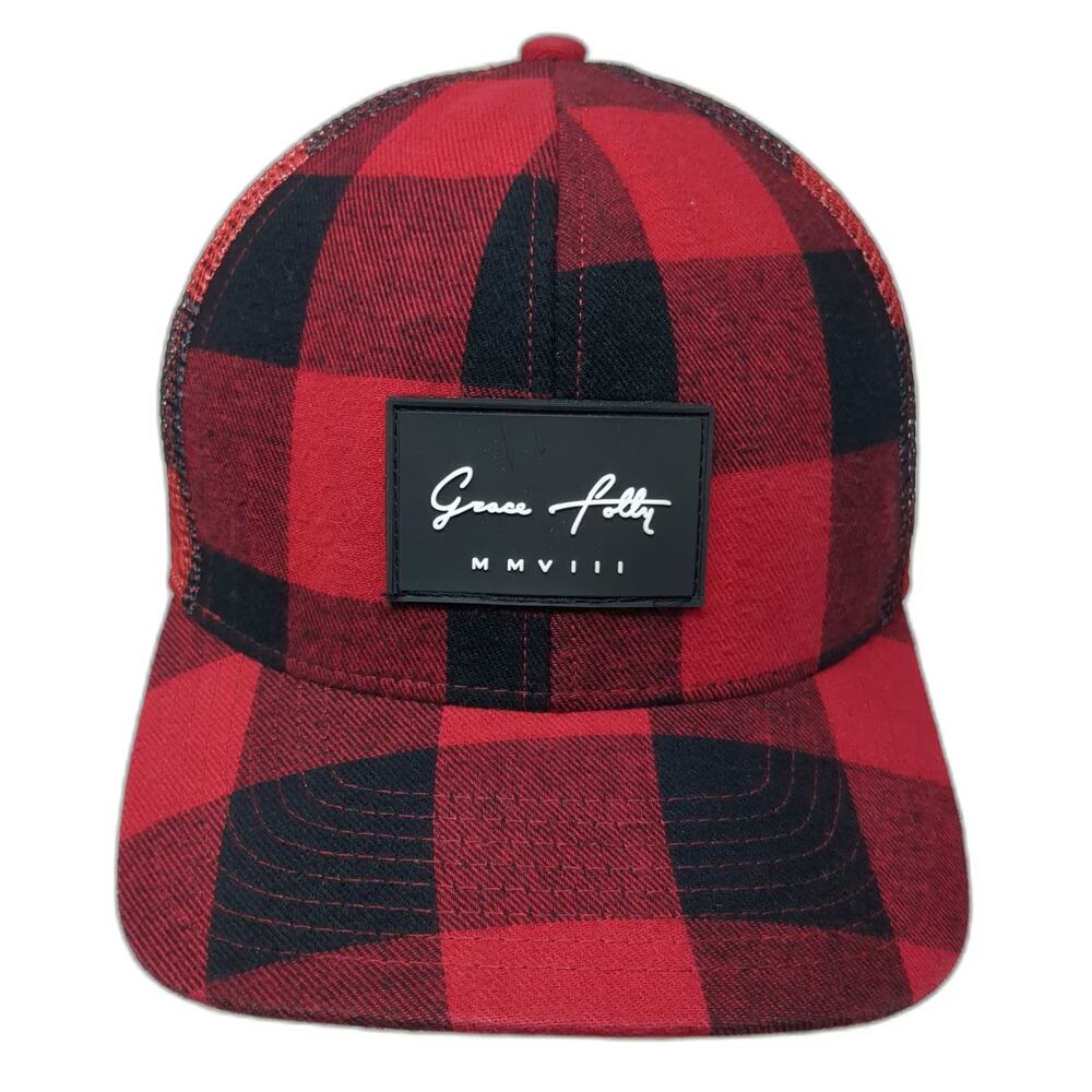 Grace Folly Trucker Hat Red Black One Size Buffalo Plaid Mesh Snapback Patch